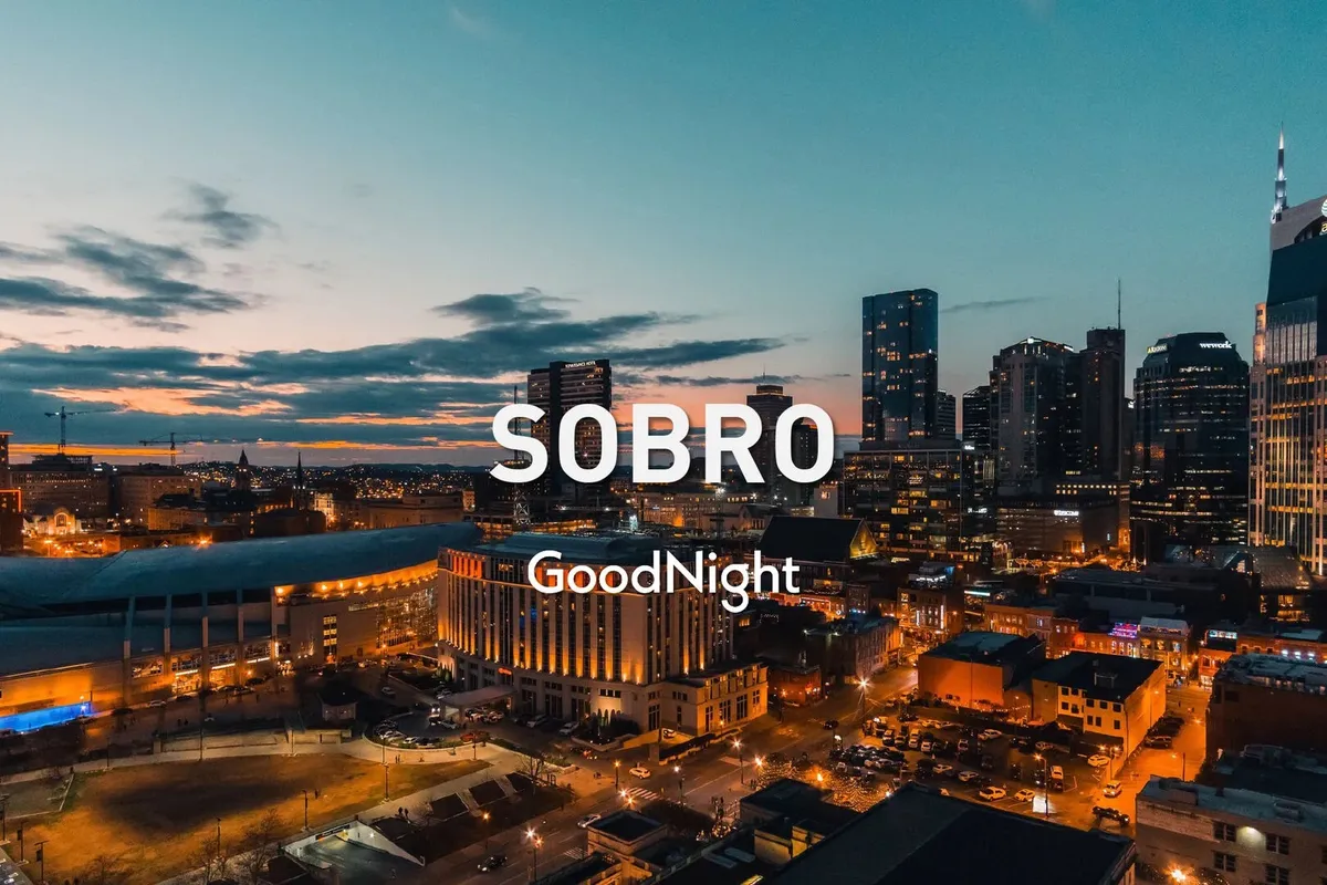 An exterior shot capturing Nashville’s iconic city skyline at twilight, with lit buildings standing against a vibrant sky. The image suggests urban vibrancy and opportunities for evening strolls or exploring the city with a pet.