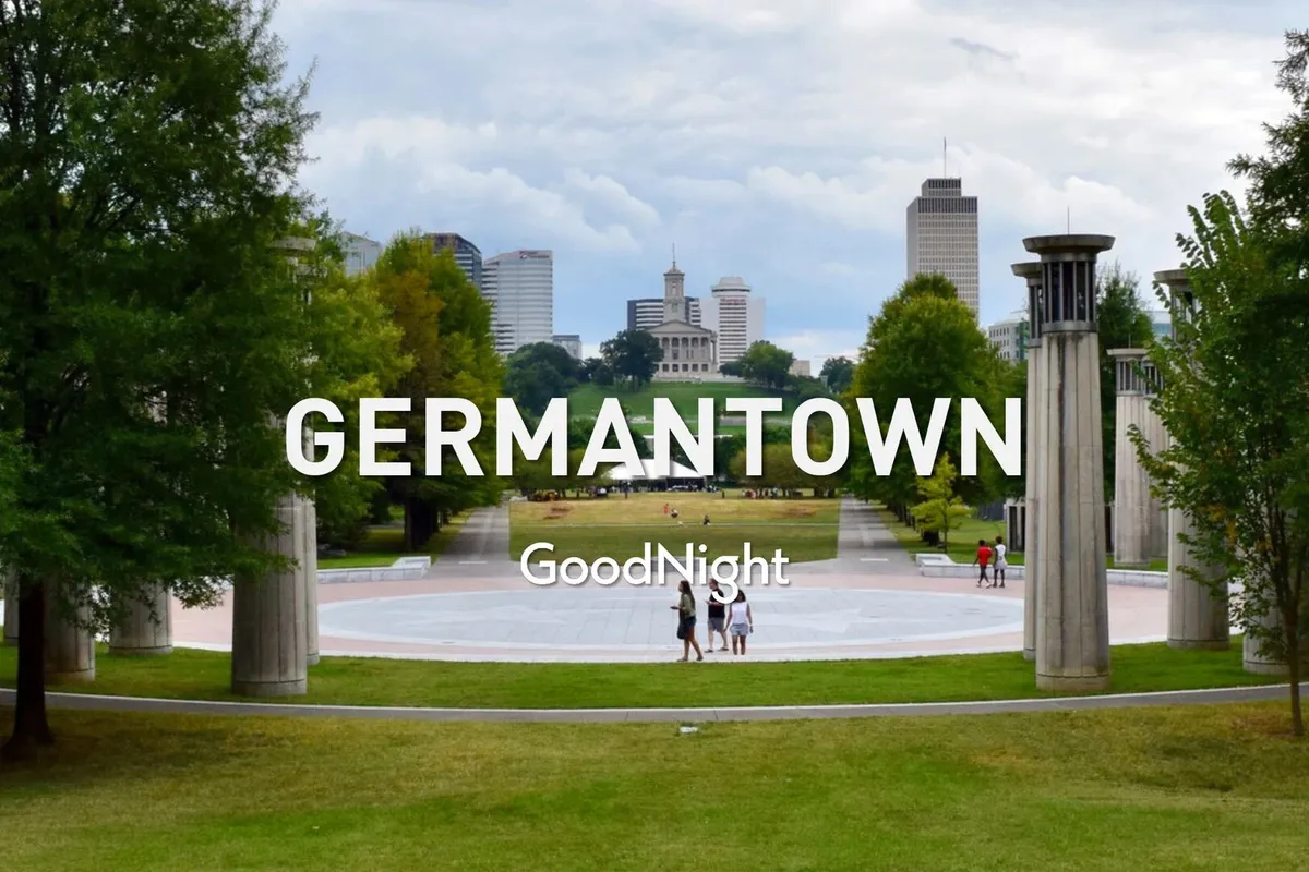 A tranquil park scene with the Nashville city skyline in the background, people strolling along pathways, and a serene green space for relaxation or informal meetings. The image combines urban convenience with peaceful moments amidst the city bustle.